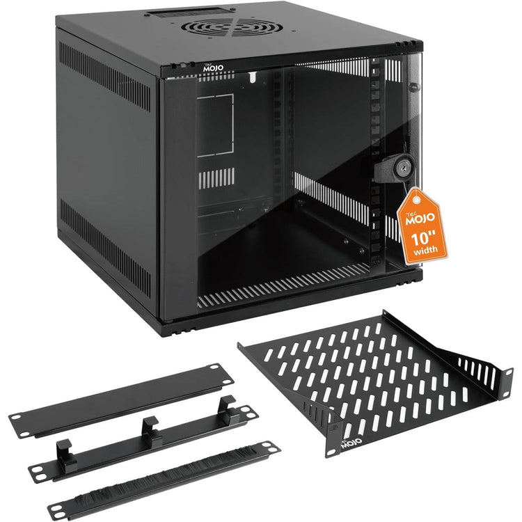 Tecmojo 6U 330mm Depth 10in Wide Wall Mount Data Cabinet, Network Cabinet with Rack Shelf, Brush Panels, Cable Organizer for 10'' AV/IT/Data NAS Devices, 50kg Capacity, Glass Door