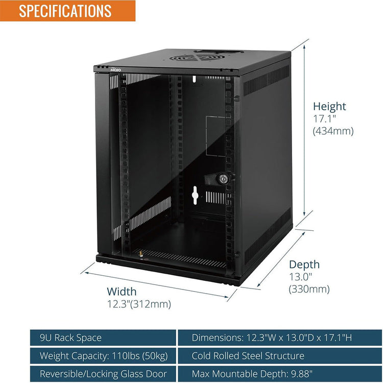 Tecmojo 9U 330mm Depth Wall Mount Data Cabinet, 10in 9U Server Cabinet, Network Cabinet with Rack Shelf, Brush Panels, Cable Organizer for 10'' AV/IT/Data Devices, 50kg Capacity, Glass Door