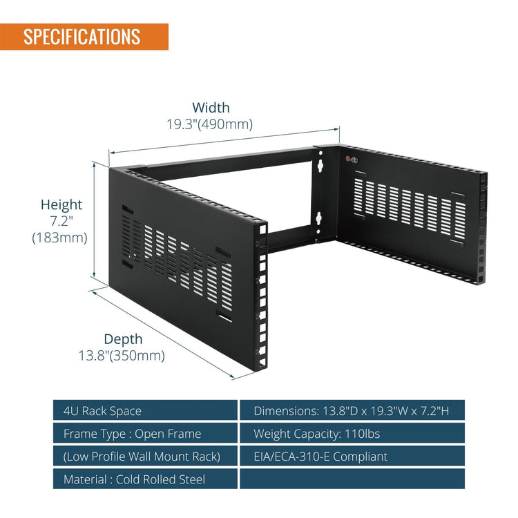 Tecmojo 4U Wall Mount Patch Panel Bracket Network Rack for Shallow Server IT Equipment, 13.8in Deep (4U)