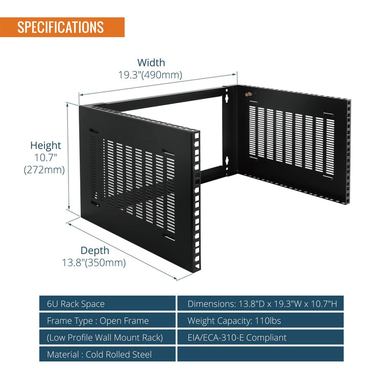 Tecmojo Wall Mount 6U Network Rack, 13.8in (350mm) Deep, Patch Panel Bracket for Shallow Server IT Equipment, 110lbs/50kg Weight Capacity, Black