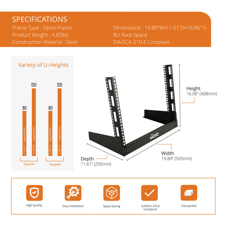 Tecmojo 2 Post Desktop Server Rack Open Frame Rack for 19in AV/Data/Audio/Studio Equipment Free Standing on Home/Office Table (8U)