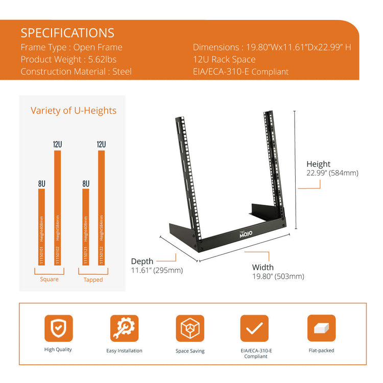 Tecmojo 2 Post Desktop Server Rack Small Open Frame Rack for 19in AV/Data/Audio/Studio Equipment Free Standing Home/Office Rack (12U)