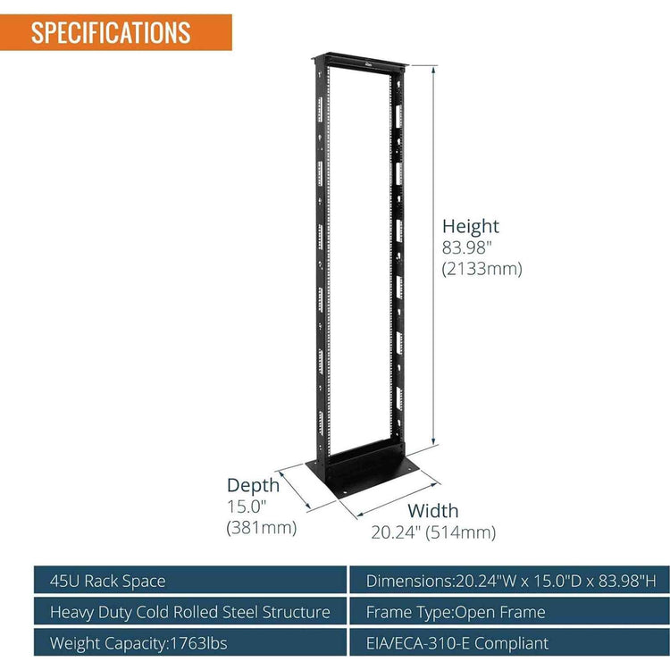 Tecmojo 45U 2-Post Open Frame Server Rack 19" Network, Server, AV, Data & IT Equipment, Telecom & Patch Panel Mount, 1763 lbs