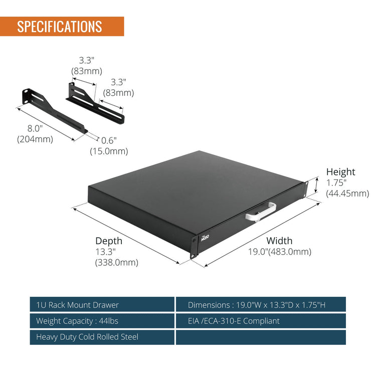 Tecmojo 1U Rack Drawer, Rack Mount for 19in Network/Server/AV Rack or Cabinet Enclosure, Lockable with Rear Support - Load-Bearing 22lb(10kg), with Cable Entry and Management Holes, Black