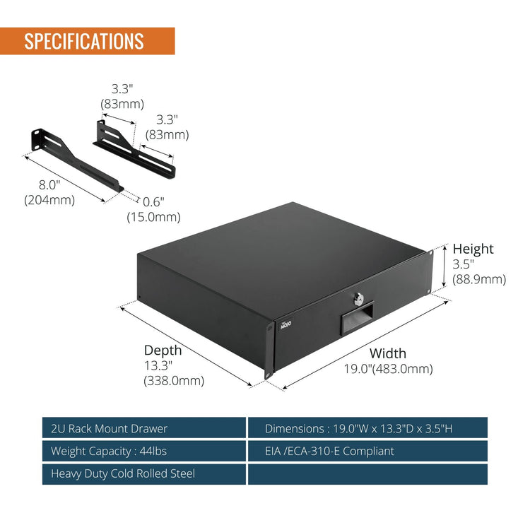 Tecmojo 2U Rack Drawer, Rack Mount for 19in Network/Server/AV Rack or Cabinet Enclosure, Lockable with Rear Support - Load-Bearing 22lb(10kg), with Cable Entry and Management Holes, Black