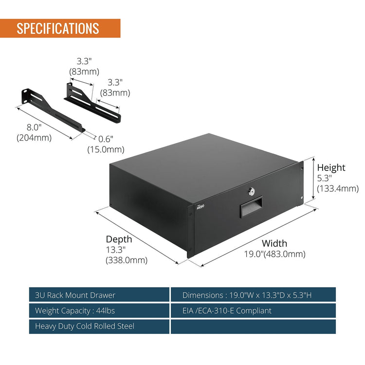 Tecmojo 3U Rack Drawer, Rack Mount for 19in Network/Server/AV Rack or Cabinet Enclosure, Lockable with Rear Support - Load-Bearing 22lb(10kg), with Cable Entry and Management Holes, Black