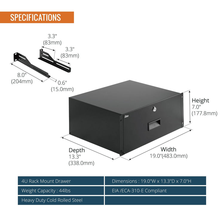 Tecmojo 4U Rack Drawer, Rack Mount for 19in Network/Server/AV Rack or Cabinet Enclosure, Lockable with Rear Support - Load-Bearing 22lb(10kg), with Cable Entry and Management Holes, Black