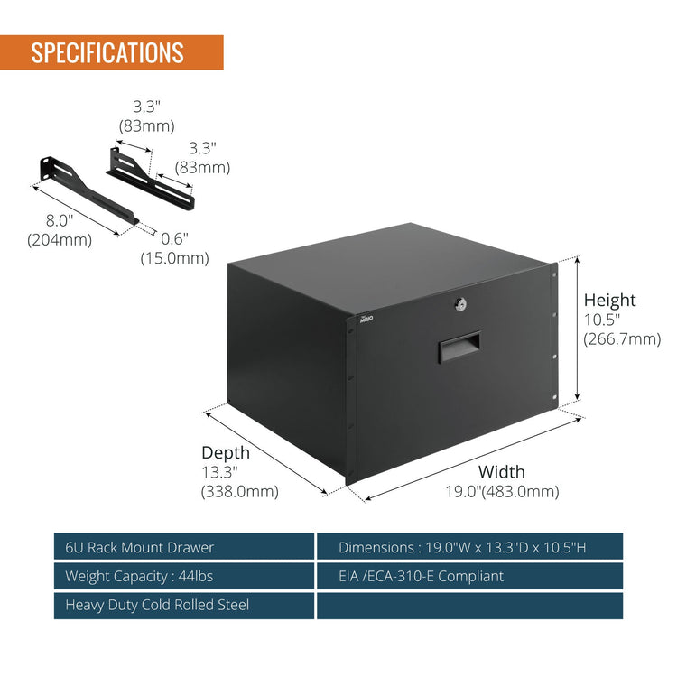 Tecmojo 6U Rack Drawer, Rack Mount for 19in Network/Server/AV Rack or Cabinet Enclosure, Lockable with Rear Support - Load-Bearing 22lb(10kg), with Cable Entry and Management Holes, Black