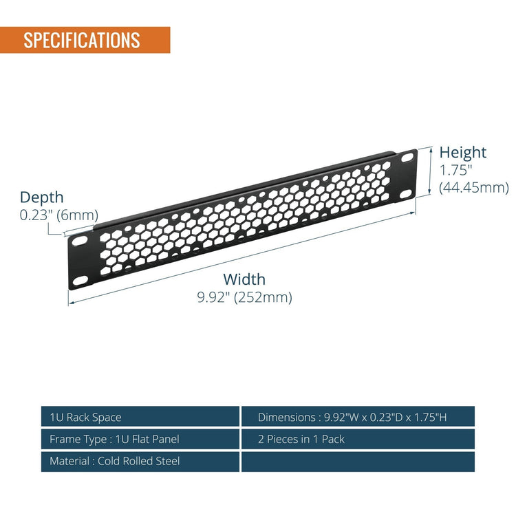 Tecmojo Vented 1U Blank Rack Mount Panel, Steel Patch Panel Filler for 10" Width Server Rack, Network Cabinet, Data Center, Home Labs, Black (2 Pack)