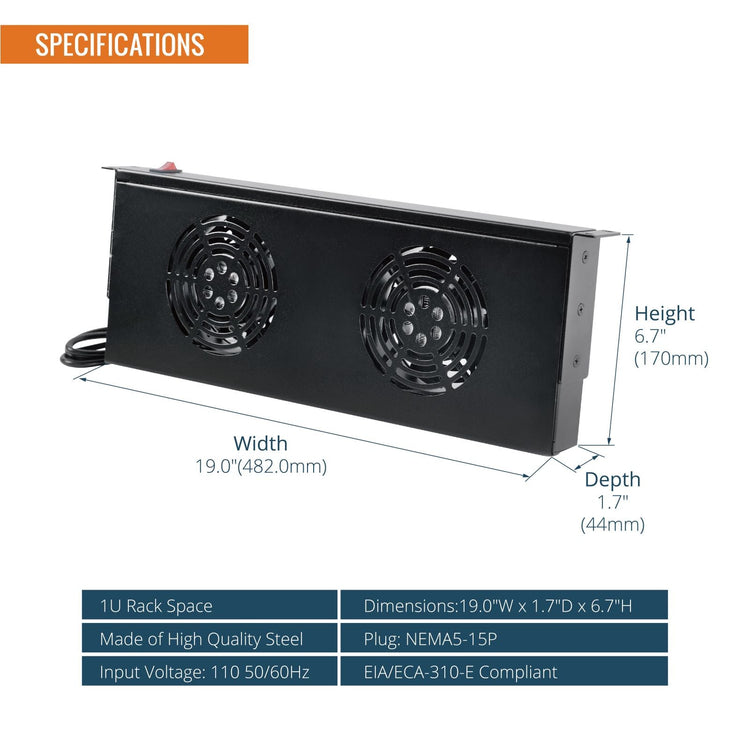 Tecmojo 1U Server Rack Mount Cooling Fans, Cooling System Exhaust Airflow with 2 Fans for 19 inch Server Rack, Cabinet, Home Theater