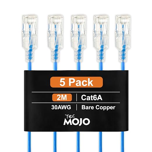 Tecmojo Cat6A Ethernet Cable, 2m Patch Cable 5 Pack 30AWG Ultra Thin 10 Gbps RJ45 Pure Copper Core LSZH Network Patch Cord for Router Modem Patch Panel Faster Than Cat6 Cat5e and Cat5, Blue