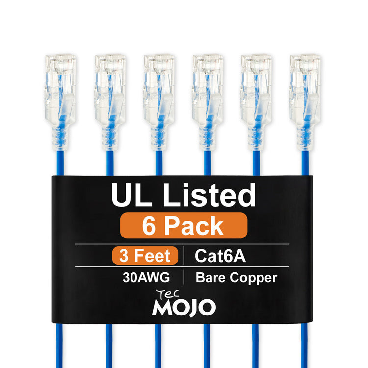 Tecmojo Cat6A Ethernet Cable, 1m Patch Cable 6 Pack 30AWG Ultra Thin 10 Gbps RJ45 Pure Copper Core LSZH Network Patch Cord for Router Modem Patch Panel Faster Than Cat6 Cat5e and Cat5, Blue