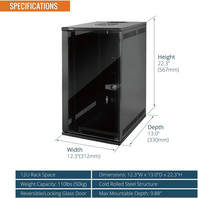 Tecmojo 12U 330mm Depth Wall Mount Data Cabinet, 10in 12U Server Cabinet, Network Cabinet with Rack Shelf, Brush Panels, Cable Organizer for 10'' AV/IT/Data Devices, 50kg Capacity, Glass Door