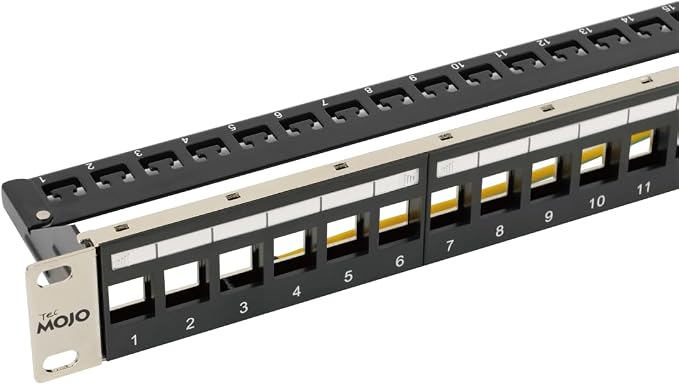Tecmojo 19in 24 Ports Empty Patch Panel, suitable for both Shielded and Unshielded Keystone Jacks, with Rear Cable Management, Black (19in 24 Ports Empty Patch Panel)