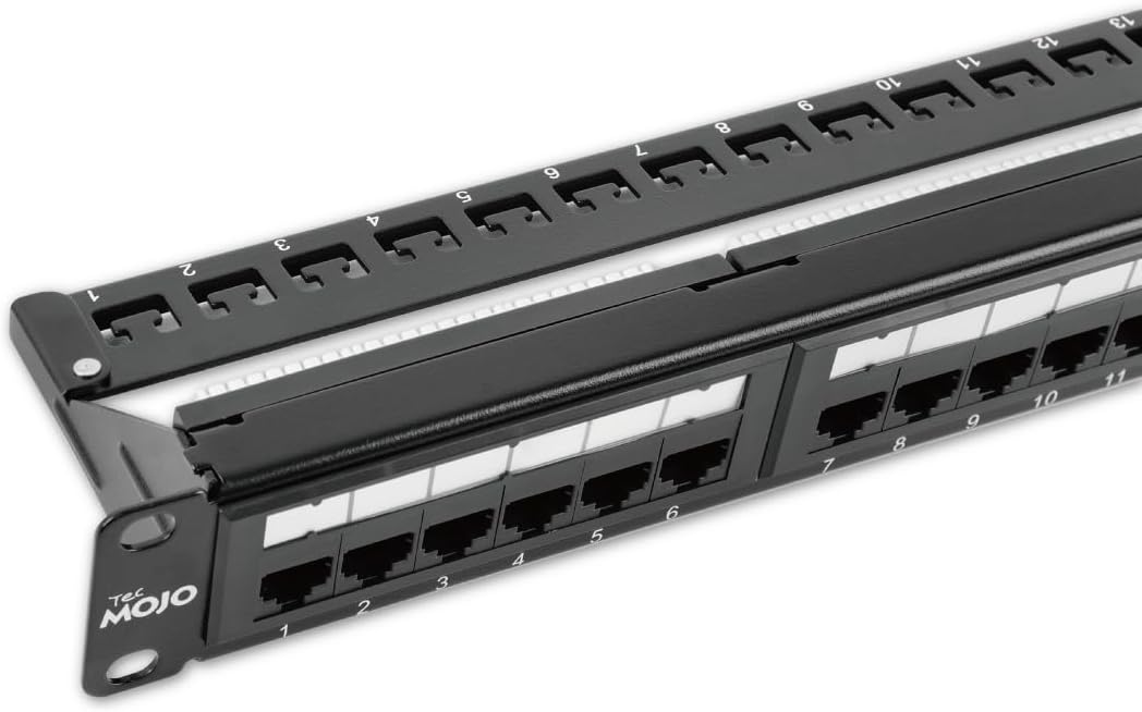 Tecmojo 19in 24 Ports Empty Patch Panel, suitable for both Shielded and Unshielded Keystone Jacks, with Rear Cable Management, Black (19in 24 Ports Empty Patch Panel)