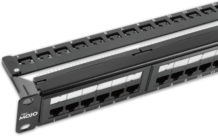 Tecmojo 19in 24 Ports Empty Patch Panel, suitable for both Shielded and Unshielded Keystone Jacks, with Rear Cable Management, Black (19in 24 Ports Empty Patch Panel)