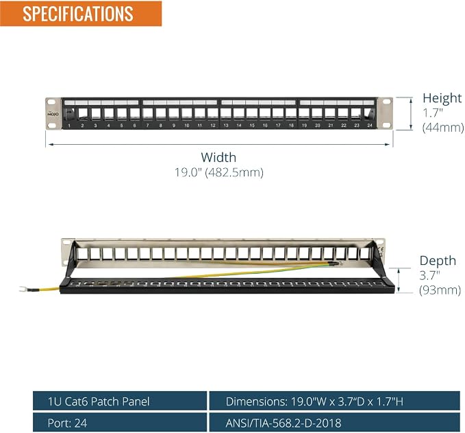 Tecmojo 19in 24 Ports Empty Patch Panel, suitable for both Shielded and Unshielded Keystone Jacks, with Rear Cable Management, Black (19in 24 Ports Empty Patch Panel)