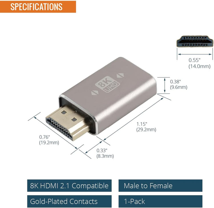 Tecmojo 8K HDMI Coupler, HDMI 2.1 Female to Female Connector Extender Gold-Plated High-Speed, Support 8K@60Hz / 4K@120Hz for Laptop, PC, Monitor, Projector, Roku TV, 2 Pack, Grey