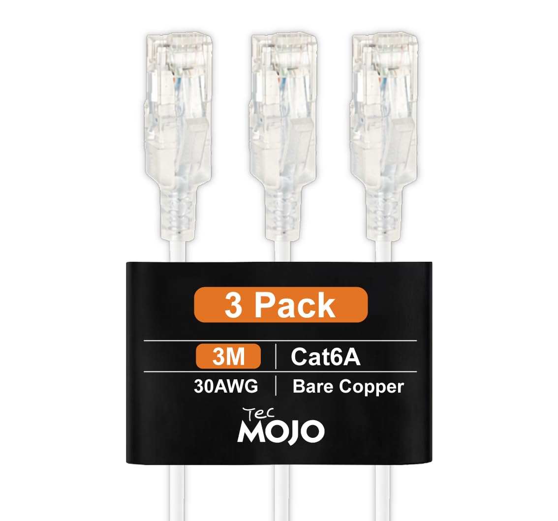 Tecmojo Ultra Slim 3 Pack,3M CAT6A Ethernet Patch Cable,UTP 10 Gigabit LAN Network Cable,30AWG LSZH RJ45 Patch Cord,Black