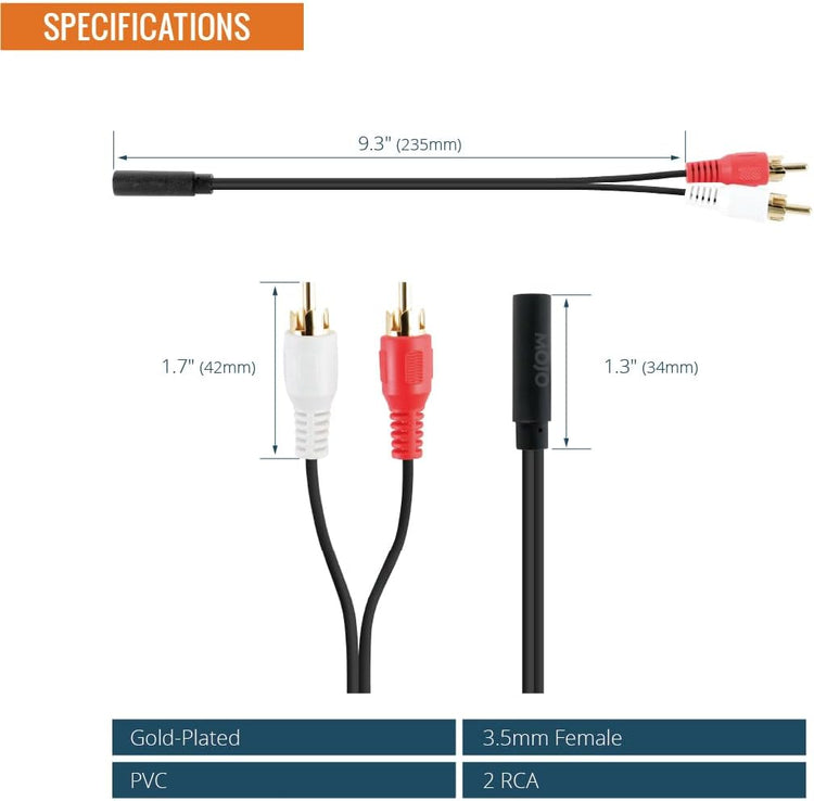 Tecmojo 2 Pack Audio Y Cable 3.5mm Female to 2 RCA Splitter Male Audio Y Cable, Gold Plated Adapter for TV, Smartphones, Record Player, MP3, Tablets, Speakers, Home Theater