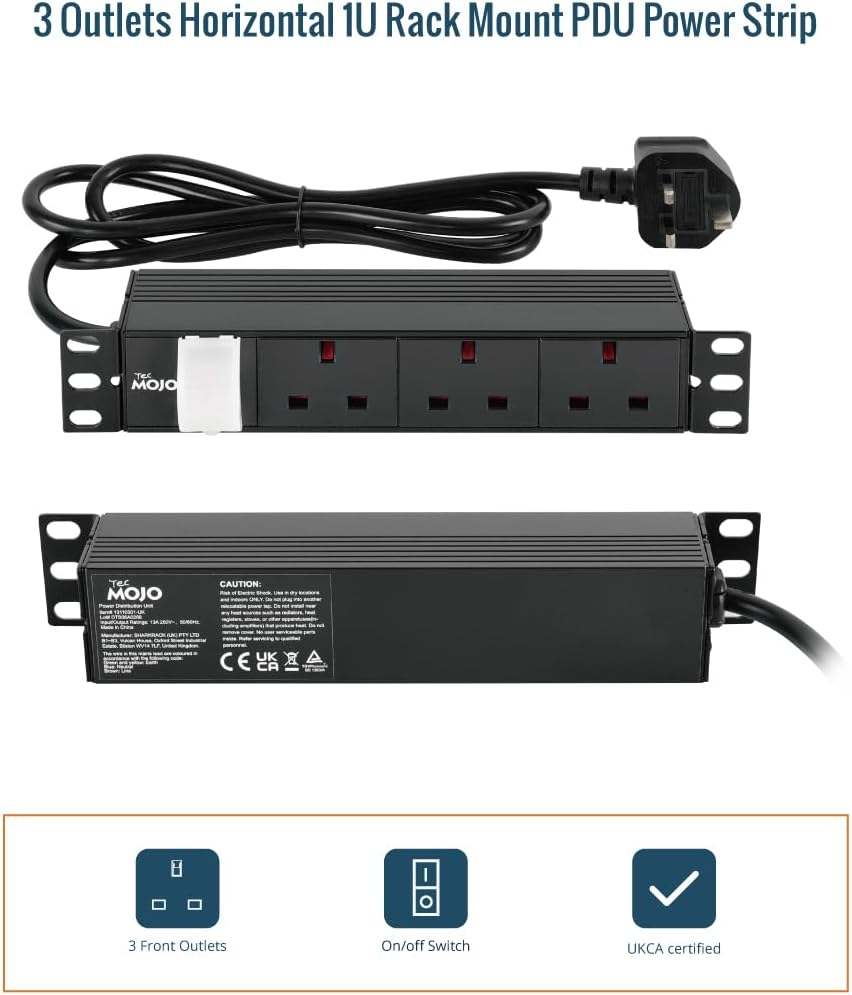 Tecmojo Rack Mount PDU 13A Switched Power distribution Unit, Aluminum Alloy With UK Plug, 2M Cable (3 way 10 inch)