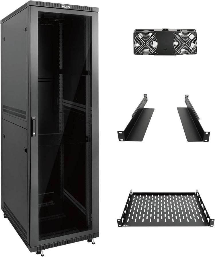Tecmojo 27U 600 * 600mm 4 Post Free Standing Network Cabinet Data Server Rack, Lockable Glass Door, with Cantilevel Shelf Casters and feets, Disassembled Flat package