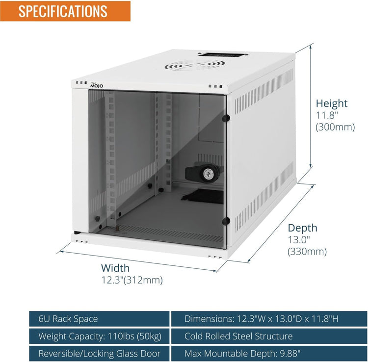 Tecmojo 6U Server Cabinet Wall Mount 10 inch 300mm Depth Network Cabinet with Rack Shelf, Brush Panels, Cable Organizer for Small AV/IT/Data Devices, 50kg Capacity, White