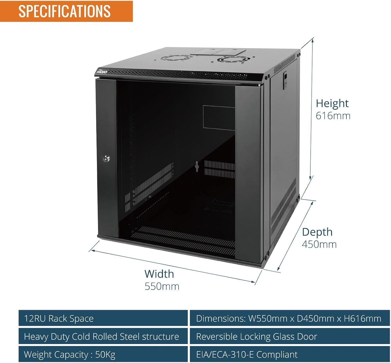 Tecmojo 9RU Wall Mount Network Cabinet, Data Server Rack Enclosure with Lockable Mesh Door and Side Panels, 50 kg /110 lbs Max Loading, 450 mm Deep, for 19 inches IT Equipment, Black