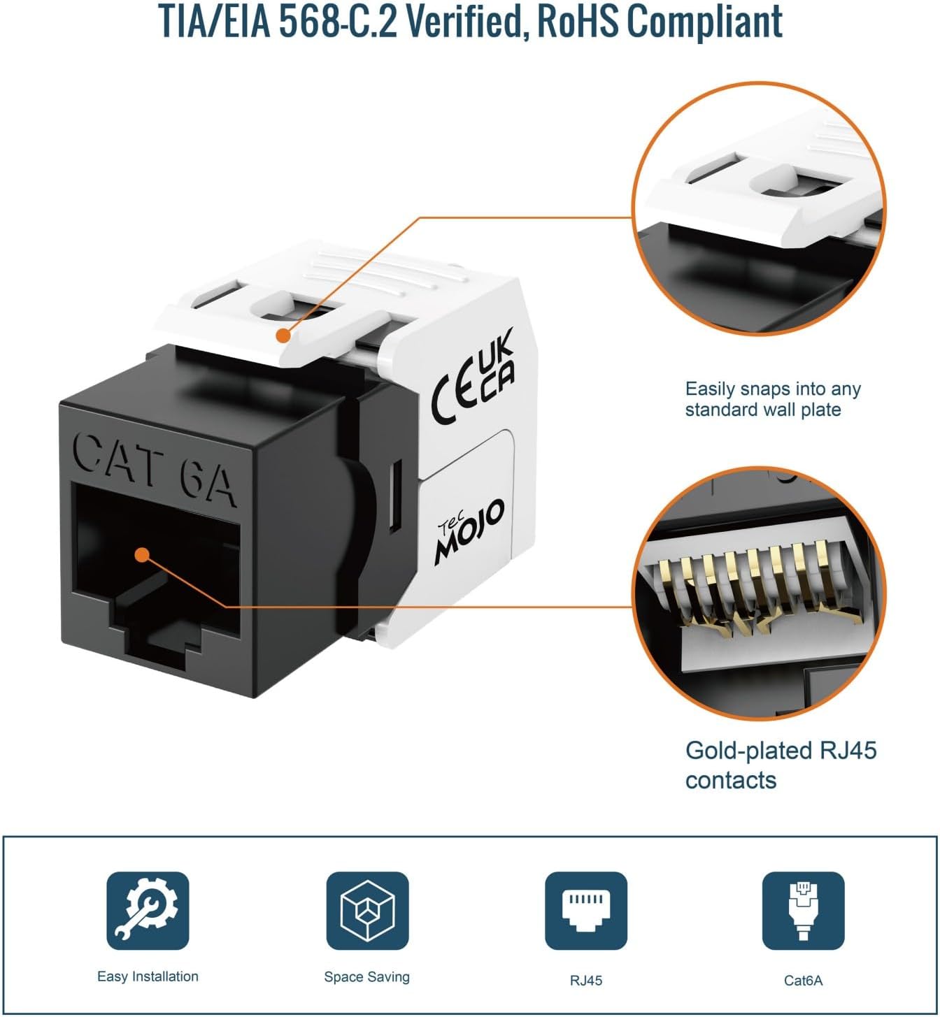 Tecmojo CAT6A Unshielded keystone jack 10Gigabit (12, Black)