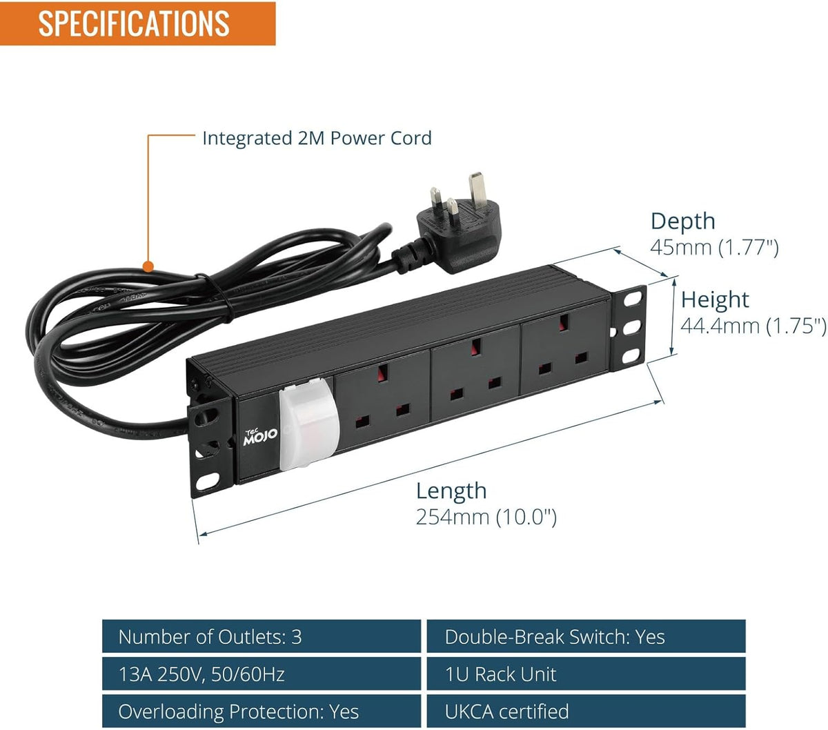 Tecmojo Rack Mount PDU 13A Switched Power distribution Unit, Aluminum Alloy With UK Plug, 2M Cable (3 way 10 inch)