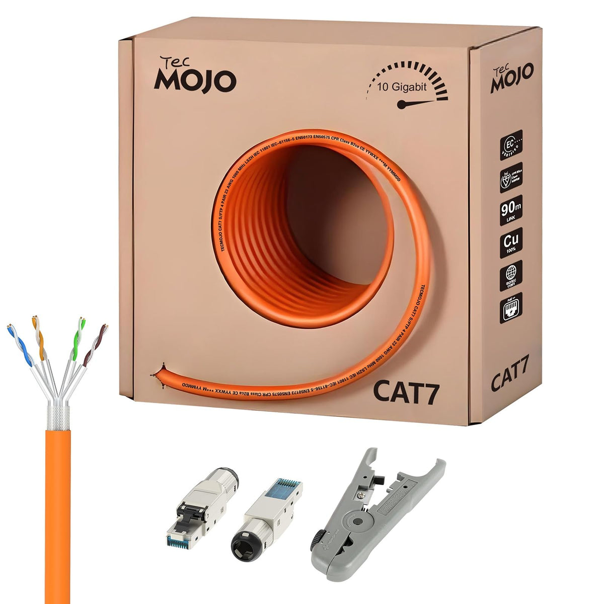 Tecmojo CAT8 S/FTP 20M, 40Gigabit LAN Ethernet Network Bulk Cable Pure Copper Conductor 22AWG with 40% Copper Braiding Shielding LSZH Dca, Yellow, with Cable Tool, RJ45 Connectors & Keystone Jacks