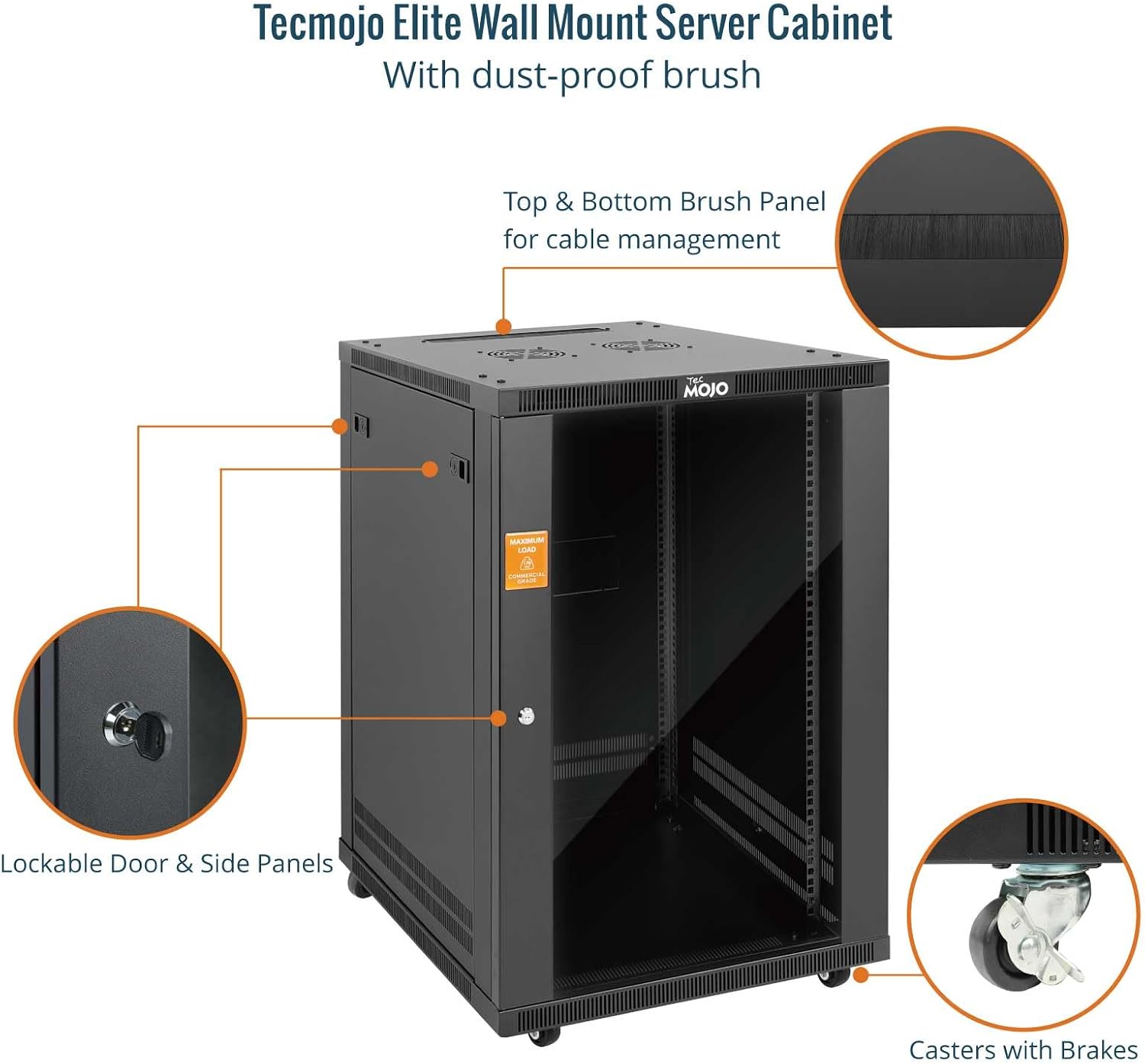 Tecmojo 18U 600mm Depth Wall Mount Server Cabinet with Casters, IT Network Rack Enclosure Lockable Door and Side Panels Black, Glass Door, for 19” IT Equipment, A/V Devices