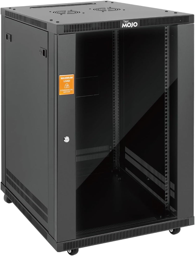 Tecmojo 18U 600mm Depth Wall Mount Server Cabinet with Casters, IT Network Rack Enclosure Lockable Door and Side Panels Black, Glass Door, for 19” IT Equipment, A/V Devices