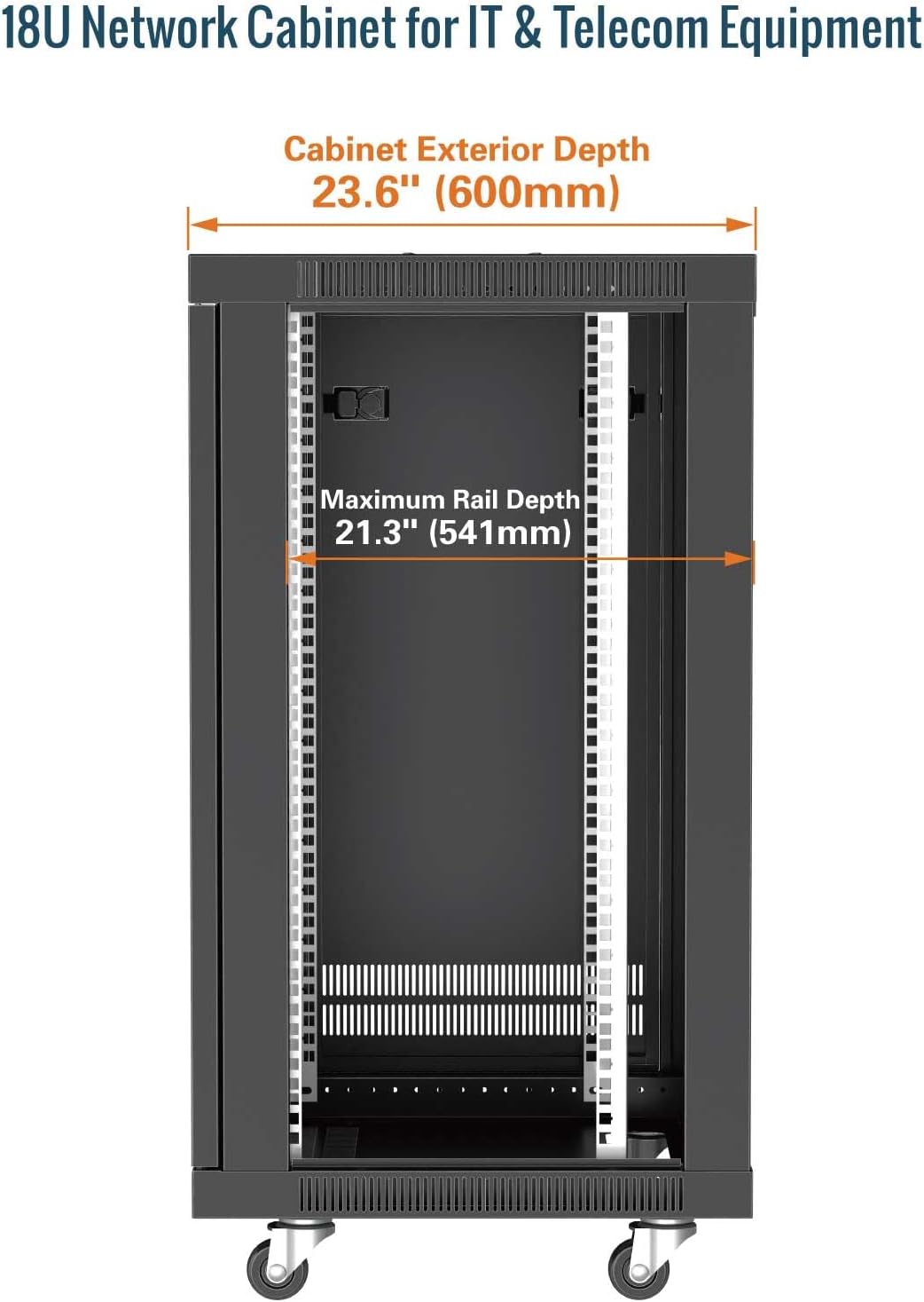 Tecmojo 18U 600mm Depth Wall Mount Server Cabinet with Casters, IT Network Rack Enclosure Lockable Door and Side Panels Black, Glass Door, for 19” IT Equipment, A/V Devices