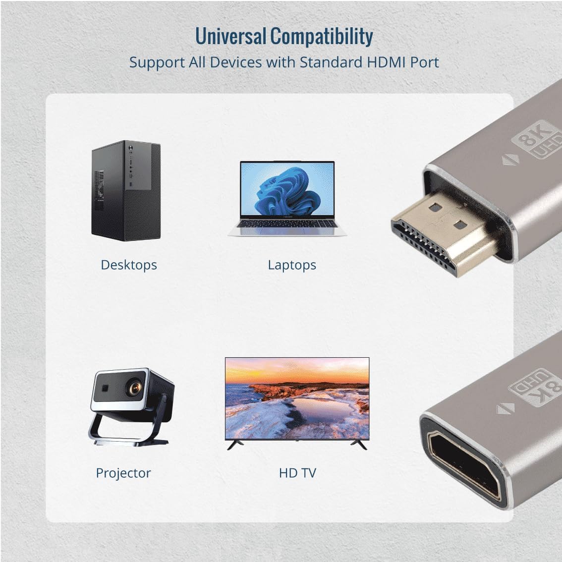 Tecmojo 8K HDMI Coupler, HDMI 2.1 Female to Female Connector Extender Gold-Plated High-Speed, Support 8K@60Hz / 4K@120Hz for Laptop, PC, Monitor, Projector, Roku TV, 2 Pack, Grey