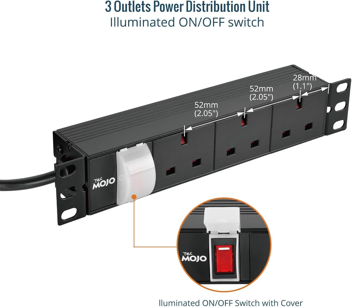 Tecmojo Rack Mount PDU 13A Switched Power distribution Unit, Aluminum Alloy With UK Plug, 2M Cable (3 way 10 inch)