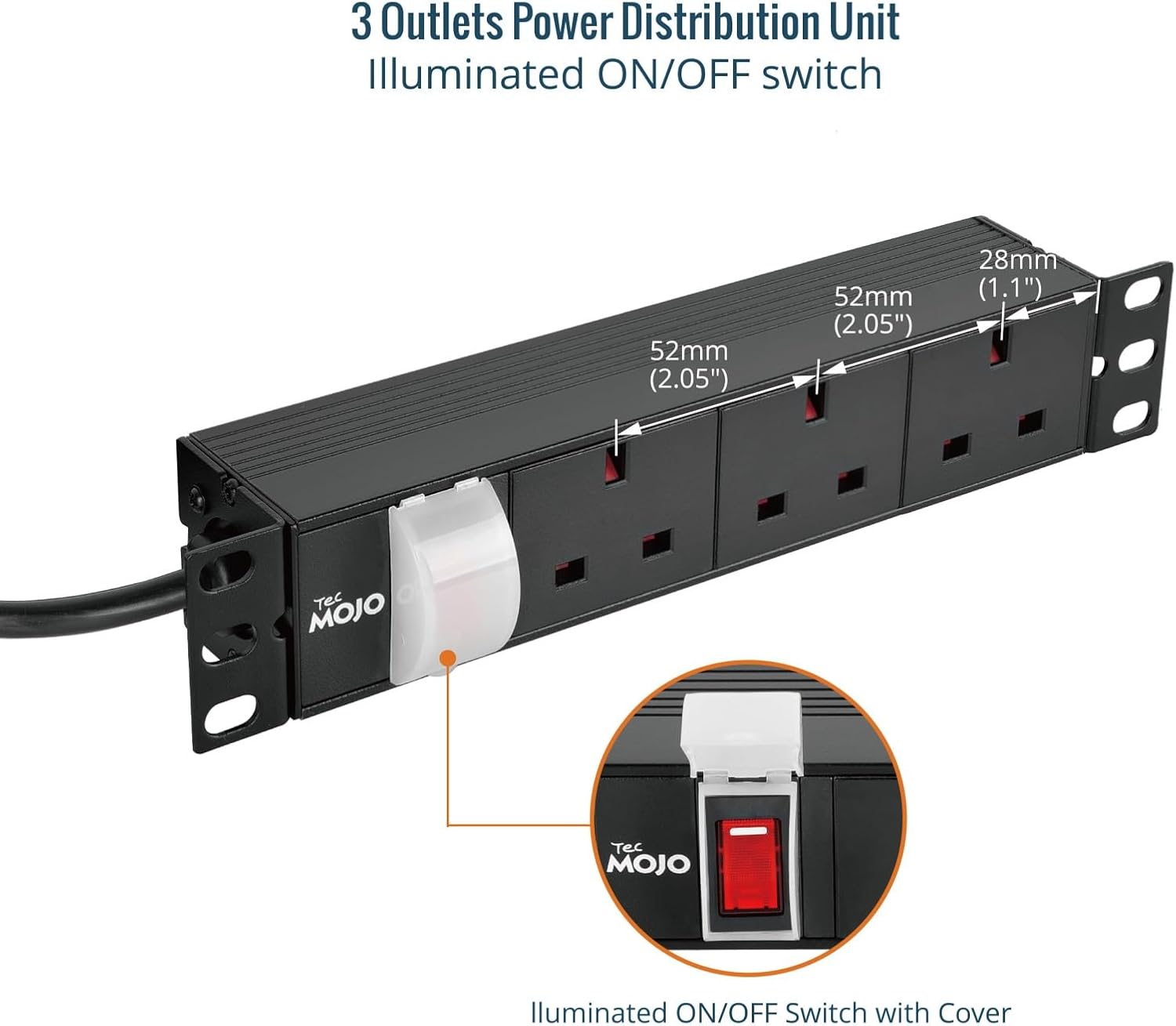 Tecmojo Rack Mount PDU 13A Switched Power distribution Unit, Aluminum Alloy With UK Plug, 2M Cable (3 way 10 inch)