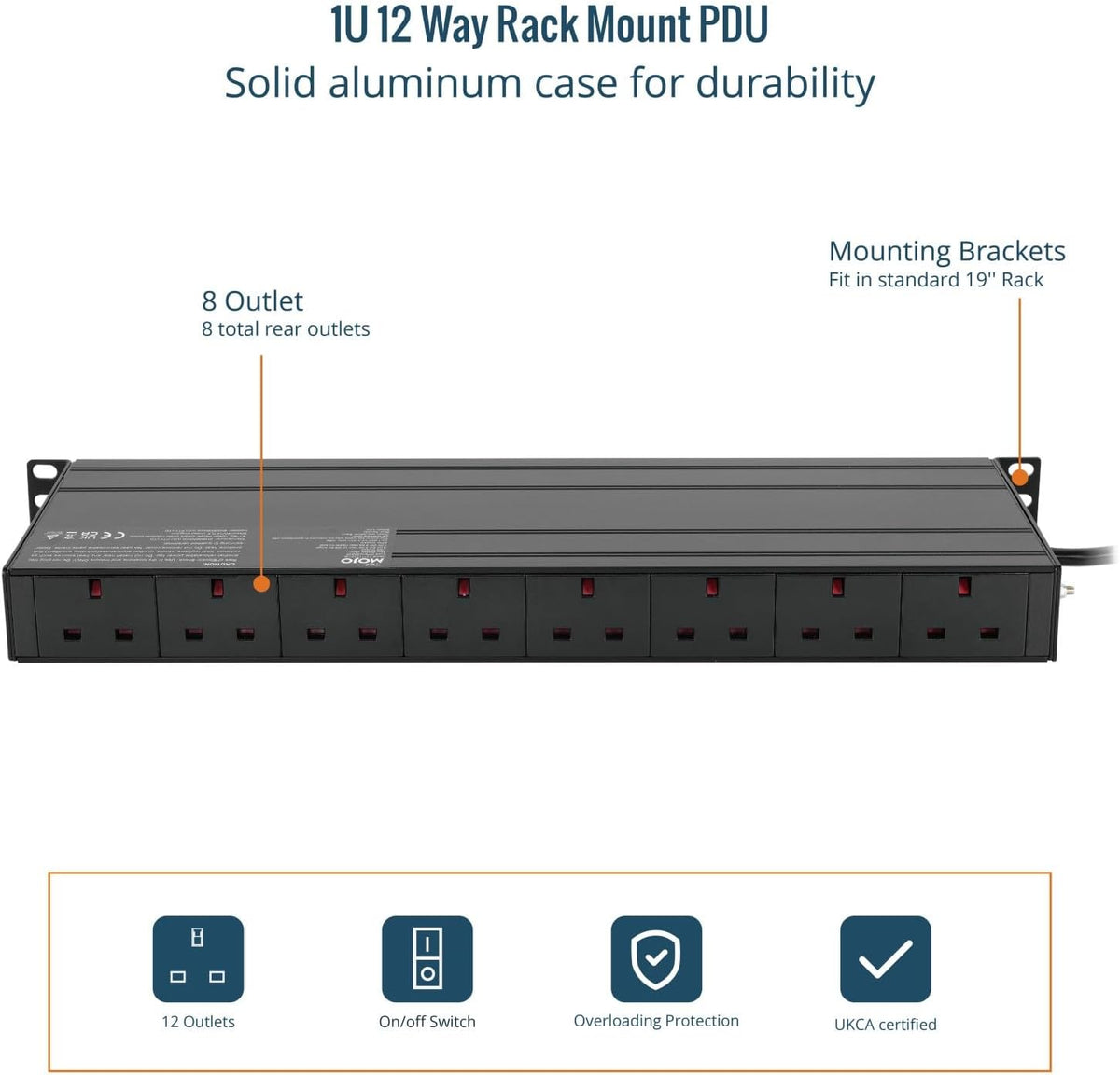 Tecmojo 6 Way 19'' Rack Mount PDU 13A Switched Power distribution Unit, Wall Mountable, Surge Protection, Aluminum Alloy With UK Plug, 2M Cable