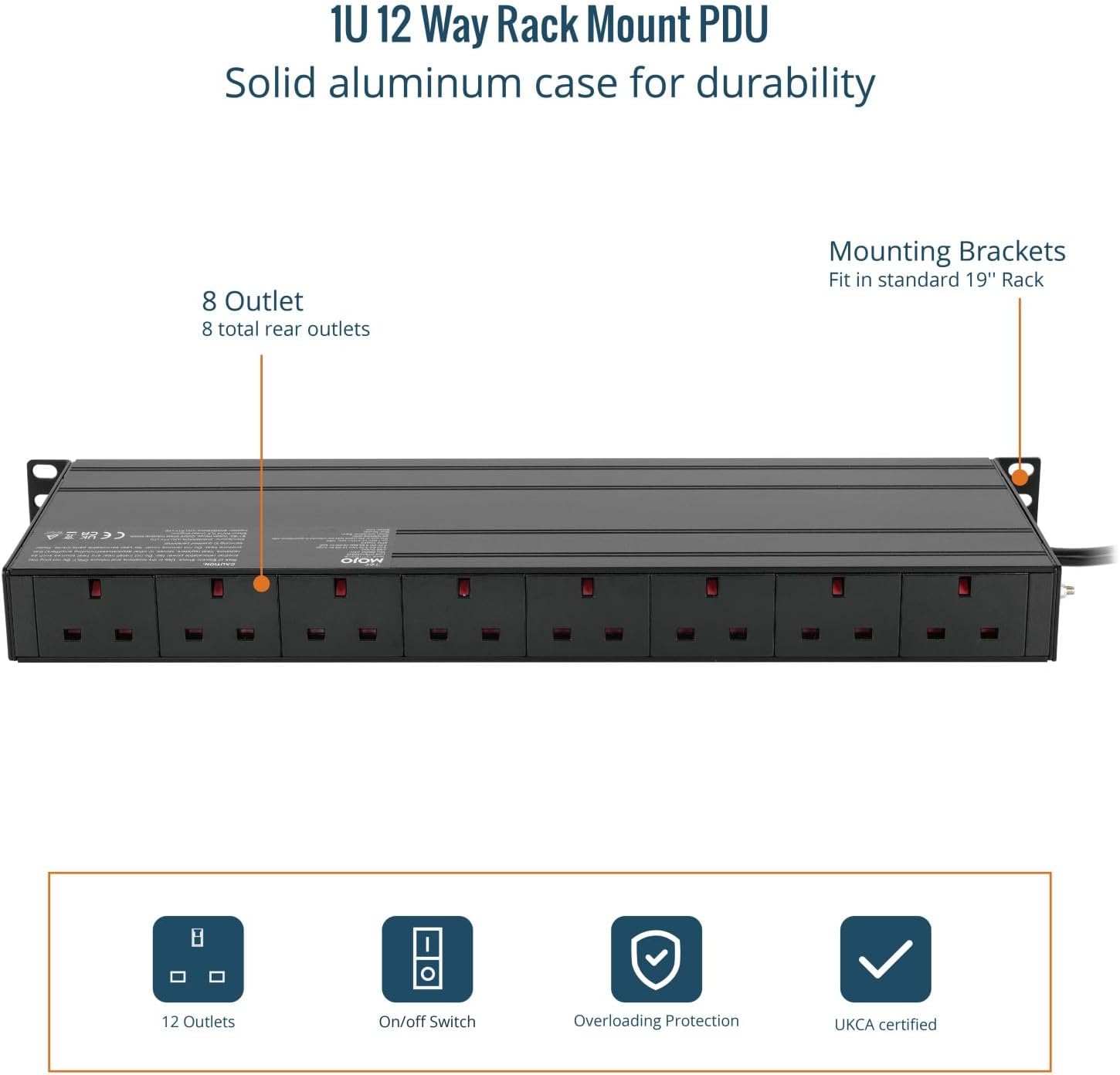 Tecmojo 6 Way 19'' Rack Mount PDU 13A Switched Power distribution Unit, Wall Mountable, Surge Protection, Aluminum Alloy With UK Plug, 2M Cable