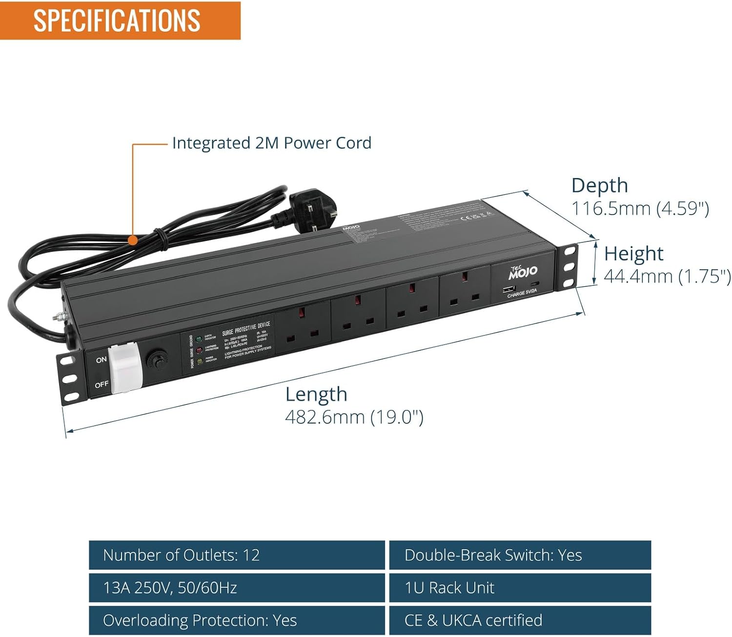 Tecmojo 6 Way 19'' Rack Mount PDU 13A Switched Power distribution Unit, Wall Mountable, Surge Protection, Aluminum Alloy With UK Plug, 2M Cable