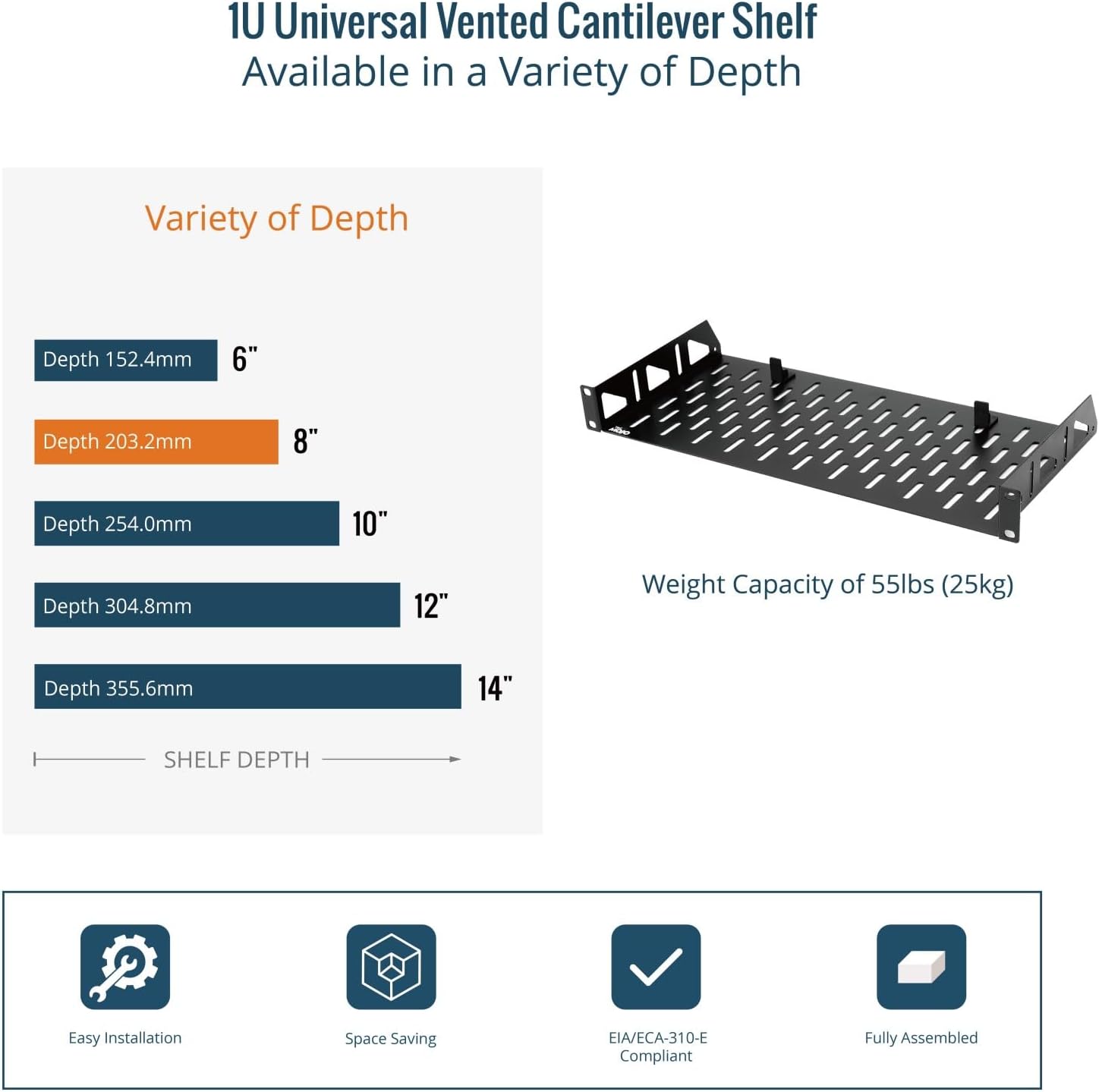 Tecmojo 1U Rack Shelf,19 inch Rack Shelf 8 inch Depth, Rack Mount Shelf, Server Rack Shelf and Network shelf with Anti-Slip Stops, 55lbs(25KG) Capacity of Vented 1U Shelf,No Lip(2 Pack)
