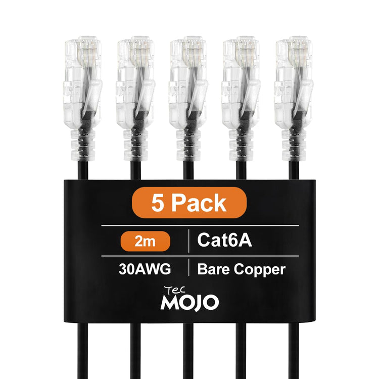 Tecmojo Cat6A Ethernet Cable, 1m Patch Cable 6 Pack 30AWG Ultra Thin 10 Gbps RJ45 Pure Copper Core LSZH Network Patch Cord for Router Modem Patch Panel Faster Than Cat6 Cat5e and Cat5, Black