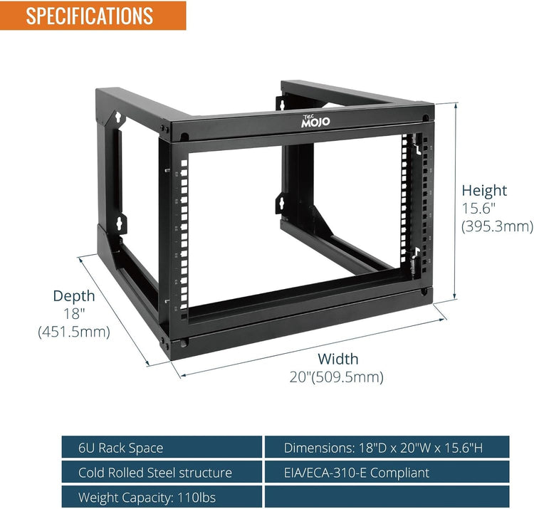 Tecmojo 6U Wall Mount Rack, Open Frame Server Rack, Network Rack for 19inch Computer/AV/Data/IT/Media Equipment, 18inch Depth, Swing Gate (6U/18inch Depth)