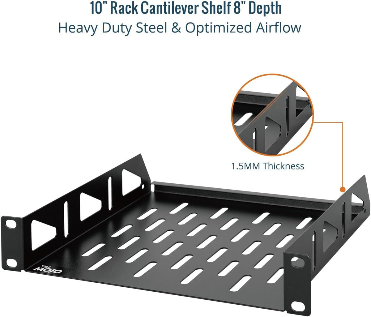 Tecmojo 1U Rack Shelf, 10 inch Universal Rack Mount Shelf 8 inch Depth Vented Cantilever Tray for 10 inch Server & Network Cabinets, Weight Capacity 10 kg / 22lbs, Black (2 Pack)