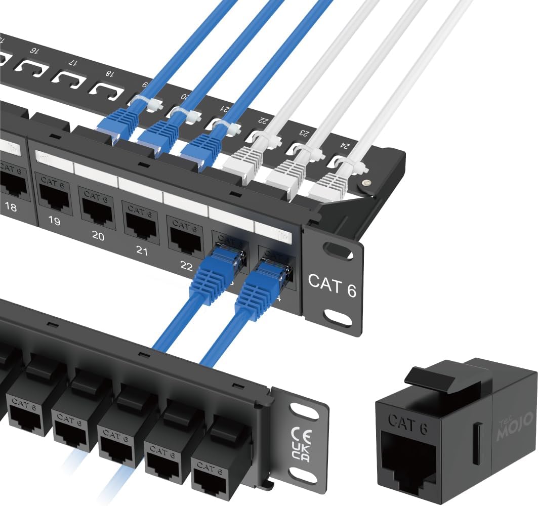 Tecmojo Cat6 19'' Network Patch Panel for Network Switch, 19inch Server Racks and Network Cabinets, Gigabit Support, Rack Mount, With Cable Management (Cat6 Coupler Patch Panel)