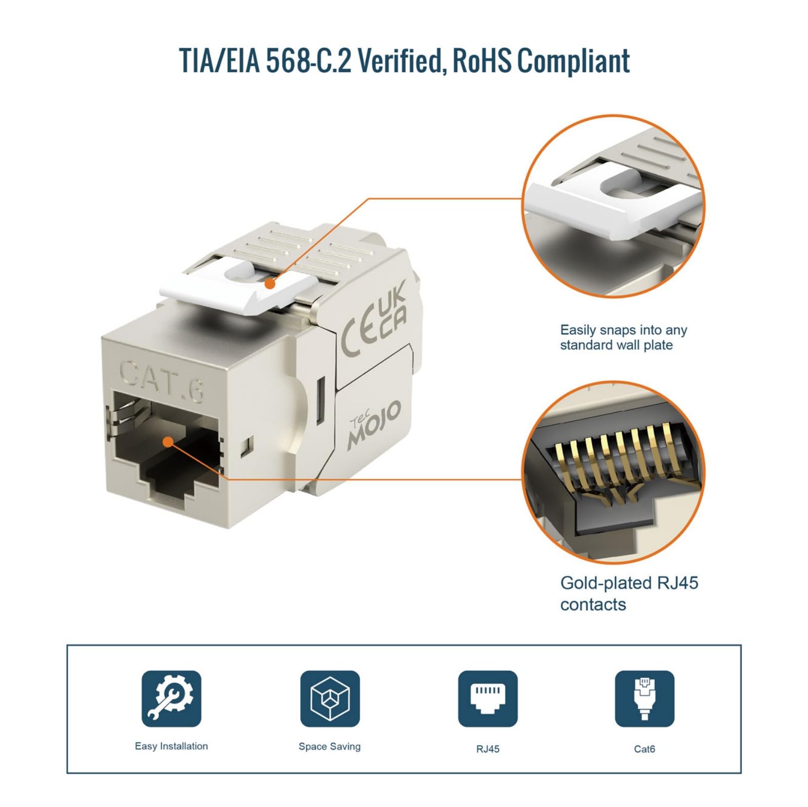 Tecmojo CAT6 Shielded keystone jack Gigabit (12, Silver, CAT6)