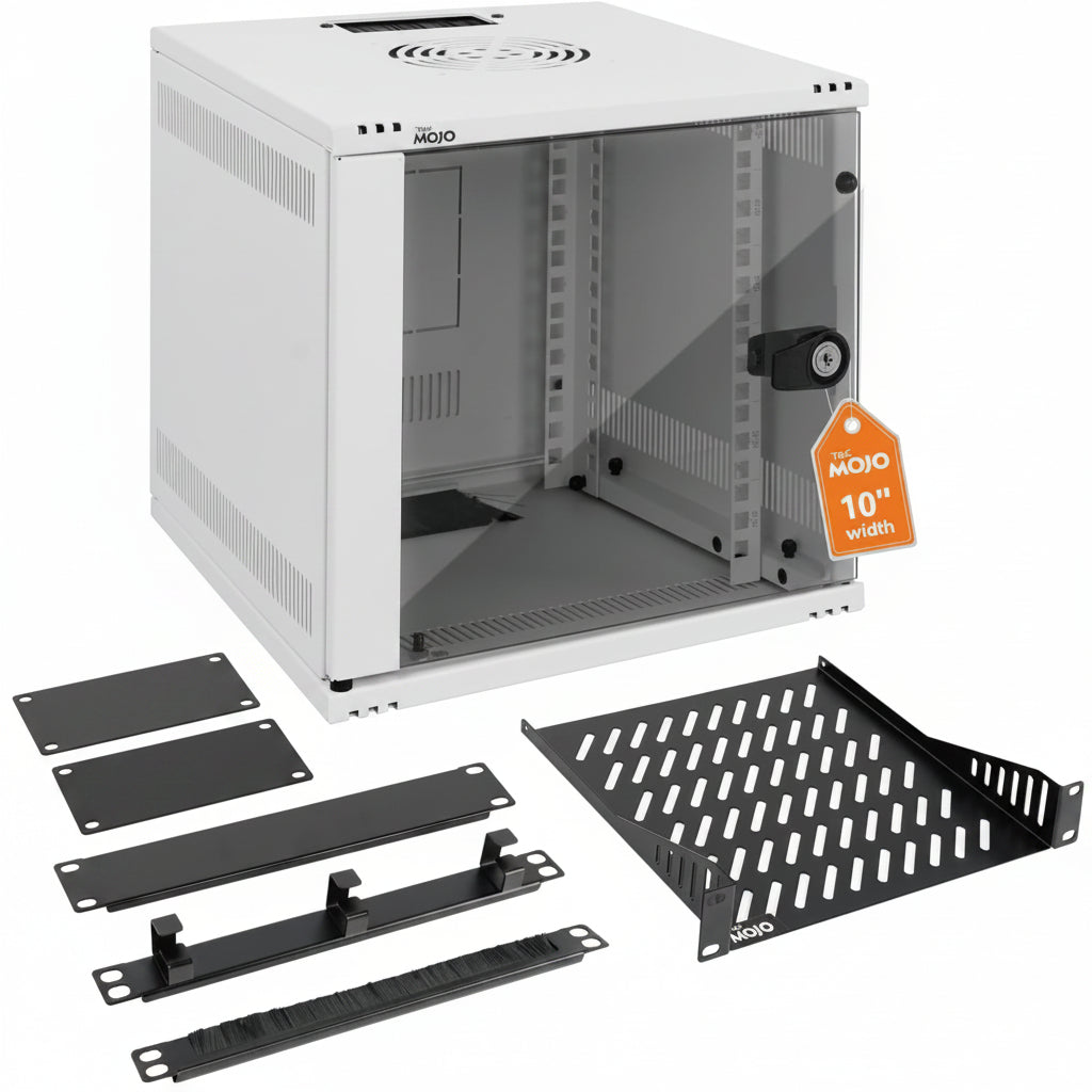 Tecmojo 6U Server Cabinet Wall Mount 10 inch 300mm Depth Network Cabinet with Rack Shelf, Brush Panels, Cable Organizer for Small AV/IT/Data Devices, 50kg Capacity, White