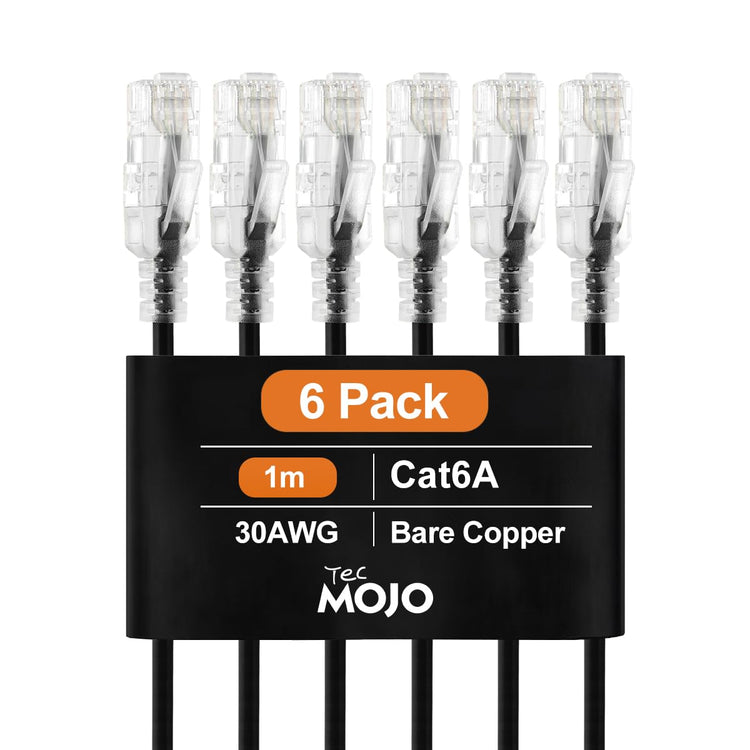 Tecmojo Cat6A Ethernet Cable, 1m Patch Cable 6 Pack 30AWG Ultra Thin 10 Gbps RJ45 Pure Copper Core LSZH Network Patch Cord for Router Modem Patch Panel Faster Than Cat6 Cat5e and Cat5, Black