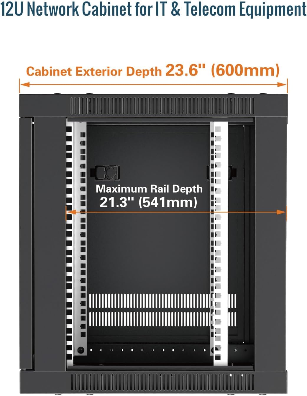 Tecmojo 12U 600mm Depth Wall Mount Server Cabinet, IT Network Rack Enclosure Lockable Door and Side Panels Black, Glass Door, for 19” IT Equipment, A/V Devices