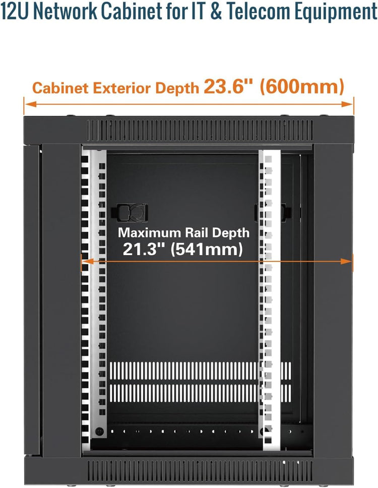 Tecmojo 12U 600mm Depth Wall Mount Server Cabinet, IT Network Rack Enclosure Lockable Door and Side Panels Black, Glass Door, for 19” IT Equipment, A/V Devices